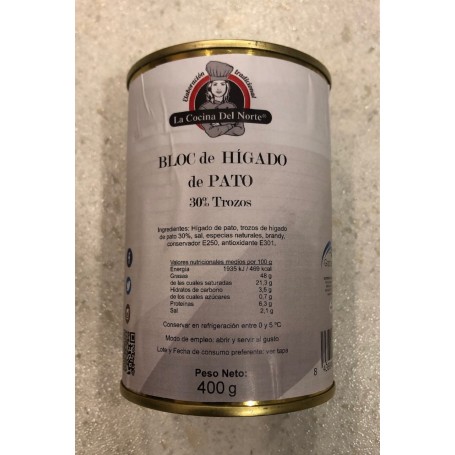 FOIE De Canard Lata Bloc 30% Mi Cuit  de 400 Grs